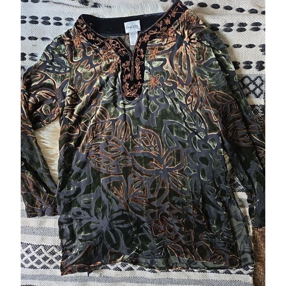 Chico's Sheer Velvet Burnout Leaf Small Beaded Tunic Top 0/Small Fall Colors - Picture 2 of 11